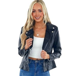 💥Bikers Black Faux Leather Collared Moto Jacket💥
